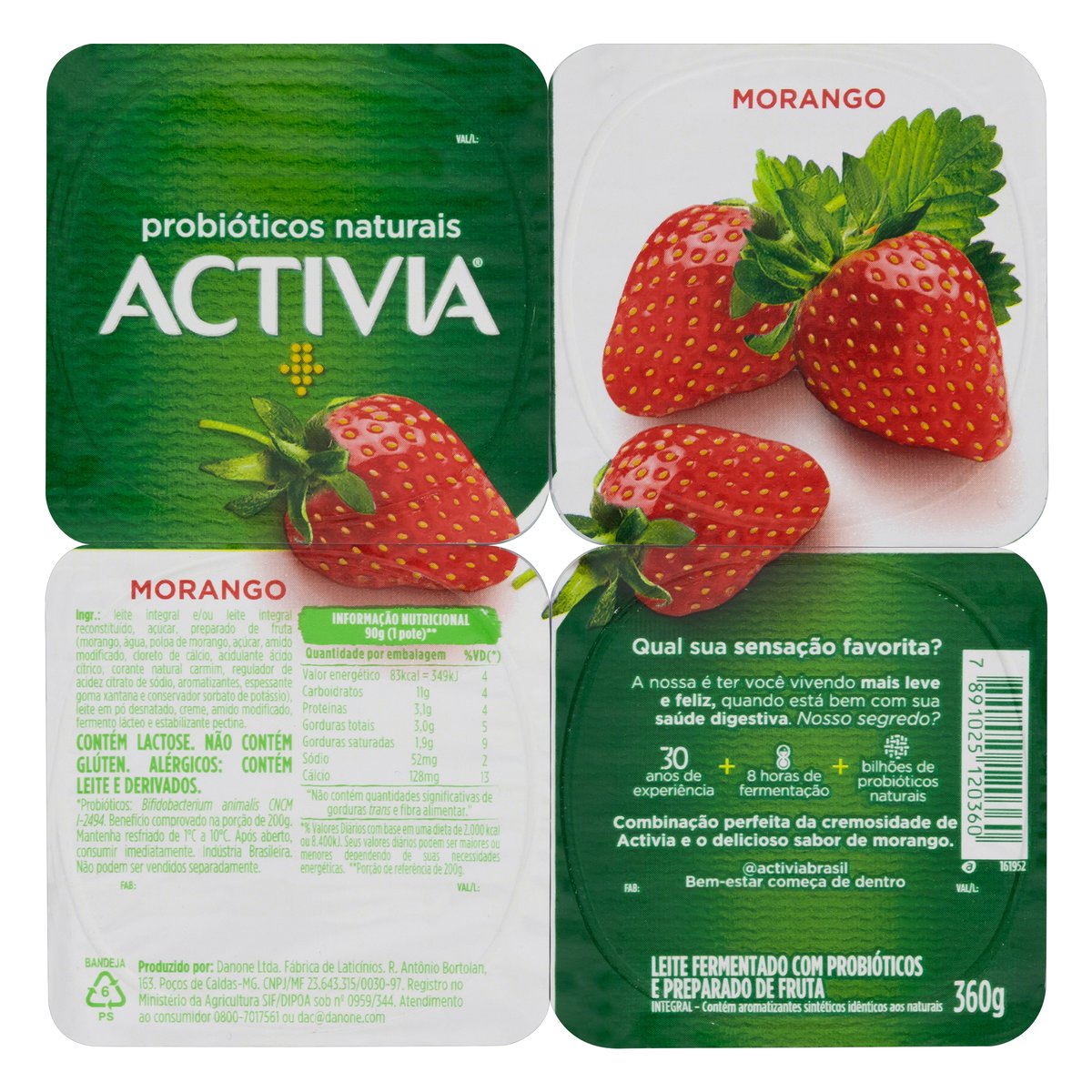 Leite Fermentado Integral Activia Probiótico Morango 360 g 4 unid