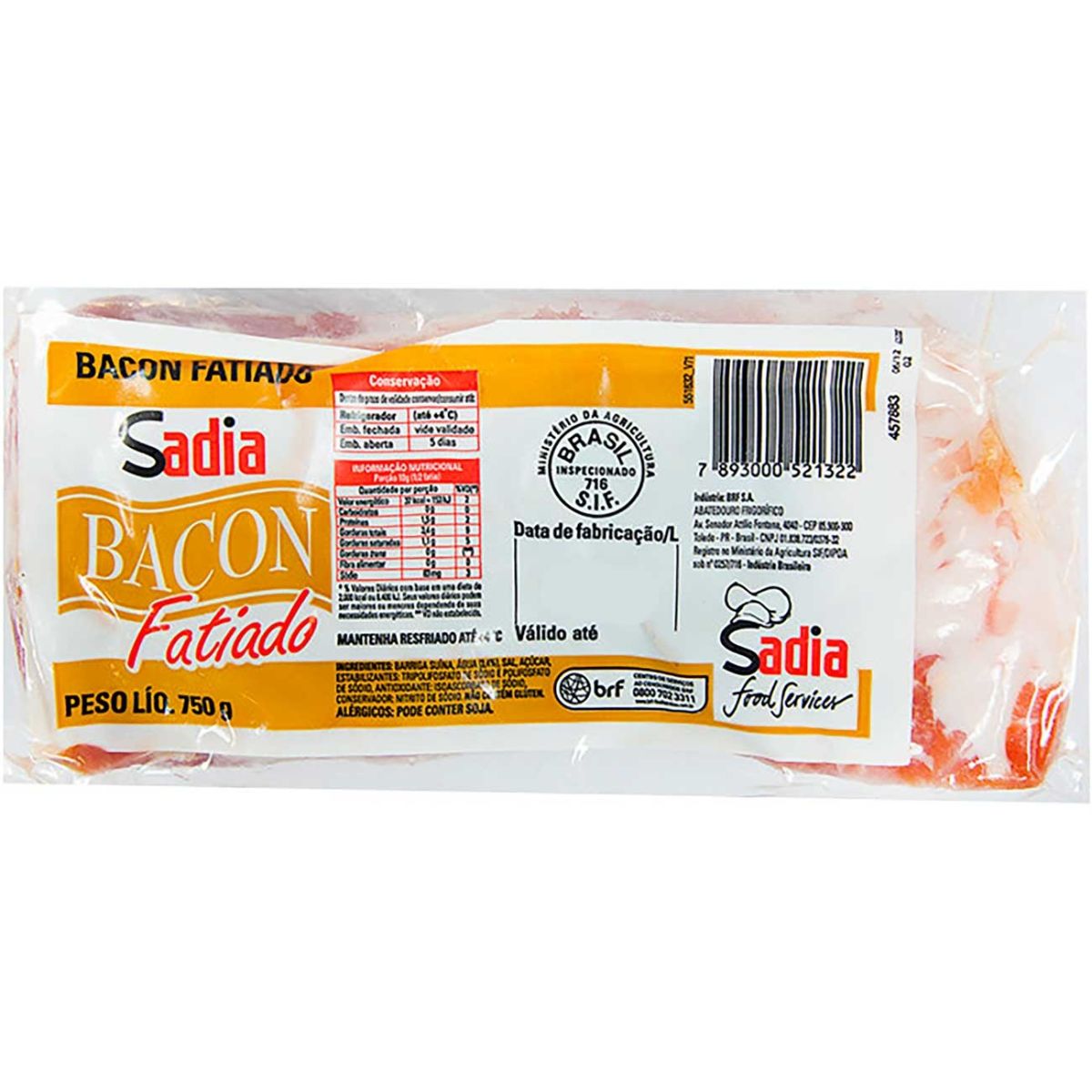 Bacon Fatiado Sadia 750 g