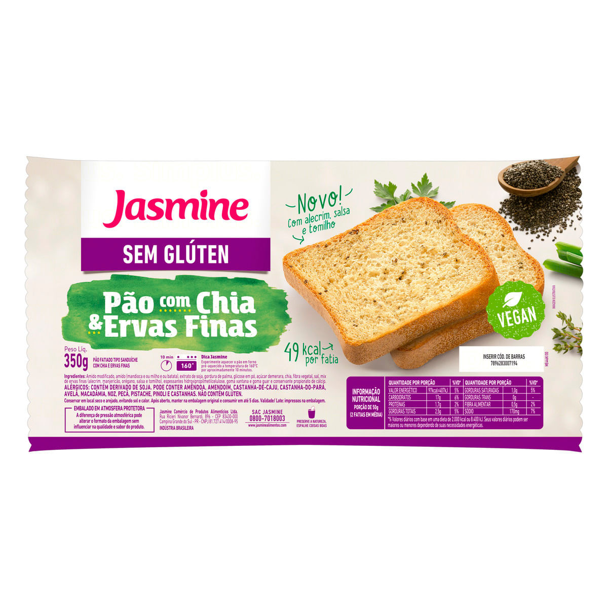 Pão Chia &amp; Ervas Finas sem Glúten Jasmine Pacote 350g