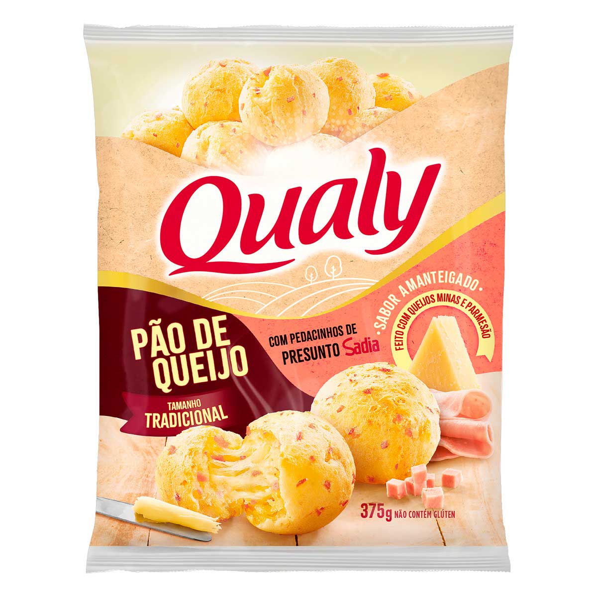 Pão de Queijo Congelado Amanteigado com Presunto Qualy Pacote 375g