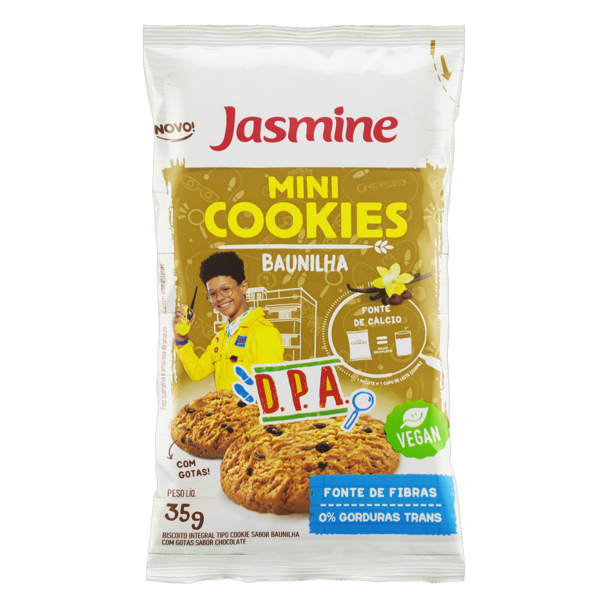 Mini Biscoito Cookie Integral Baunilha com Gotas de Chocolate D.P.A. Jasmine Pacote 35 g