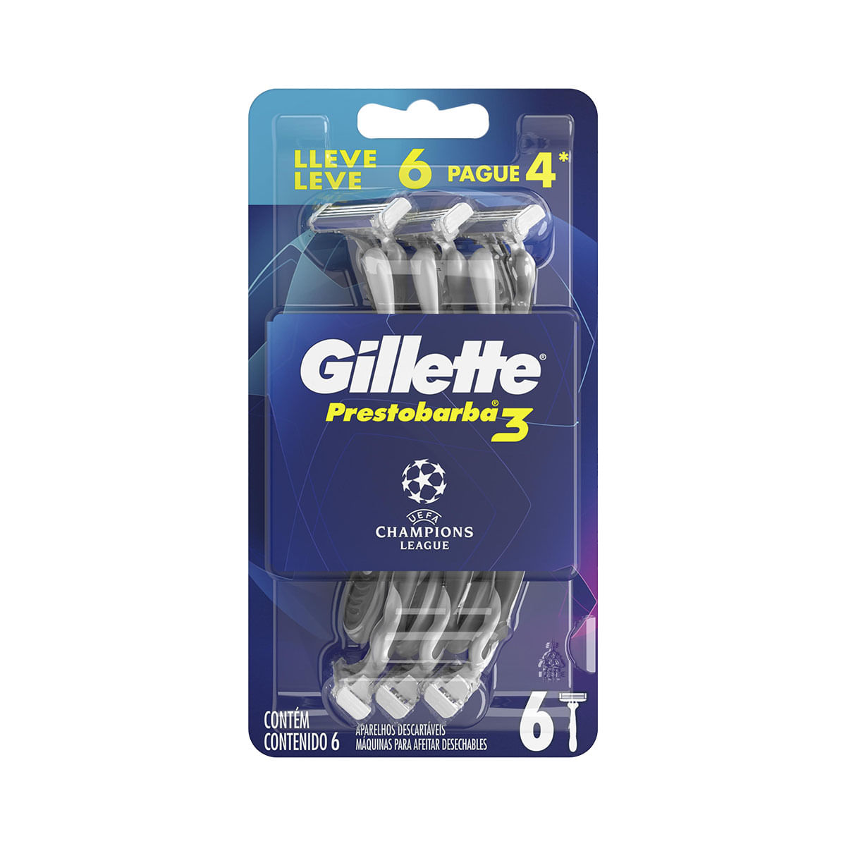 Aparelho de Barbear Descartável Gillette Prestobarba 3 UEFA Champions Leve 6 Pague 4