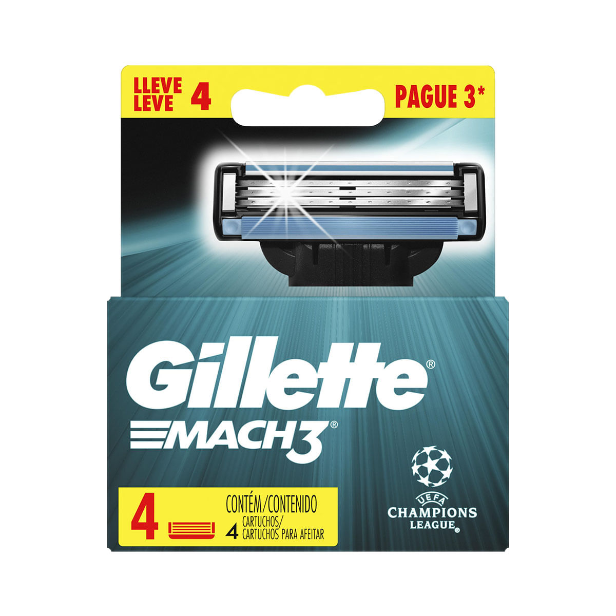 Carga para Aparelho de Barbear Gillette Mach 3 UEFA Champions Leve 4 Pague 3