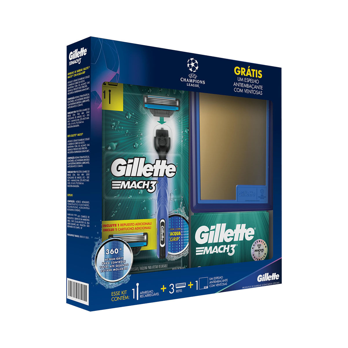 Kit Aparelho de Barbear Gillette Mach 3 UEFA Champions + 3 Refis + Espelho