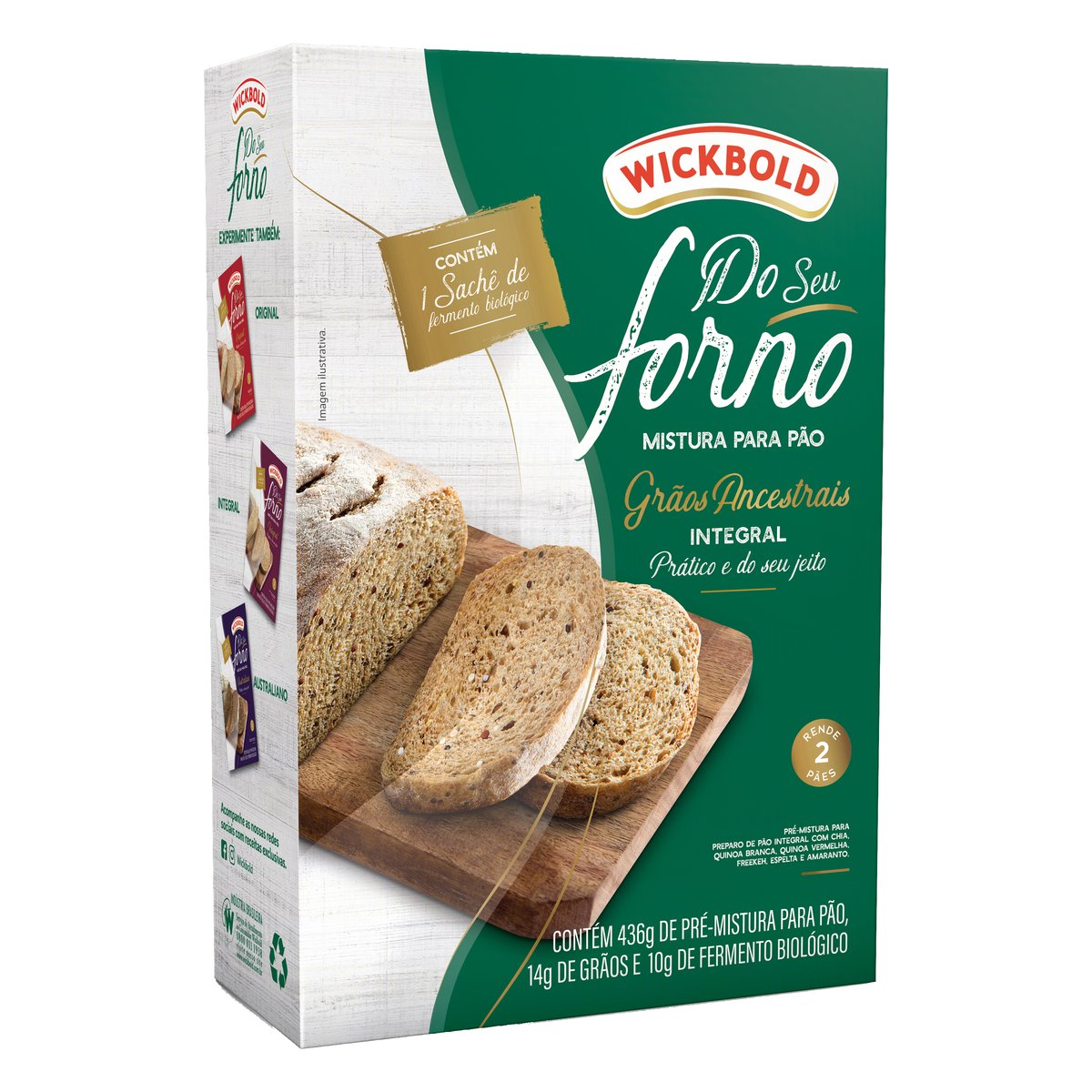 Pré-Mistura para Pão Integral Grãos Ancestrais Wickbold Do Seu Forno Caixa 460 Sendo 436 g Pré-Mistura 14 g de Grãos e 10 g de Fermento Biológico