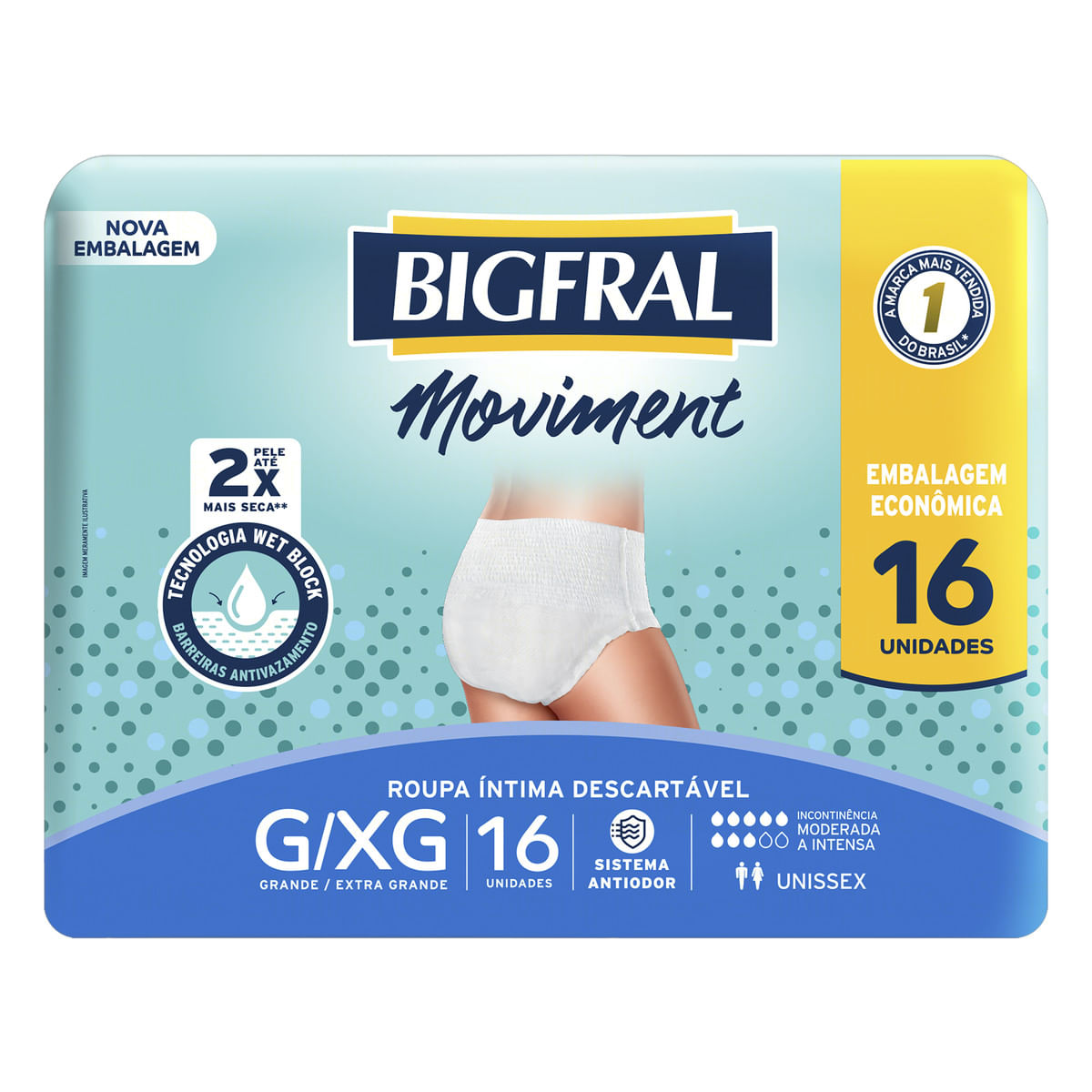 Roupa Íntima Descartável Unissex Bigfral Moviment G/XG 16 Unidades Embalagem Econômica