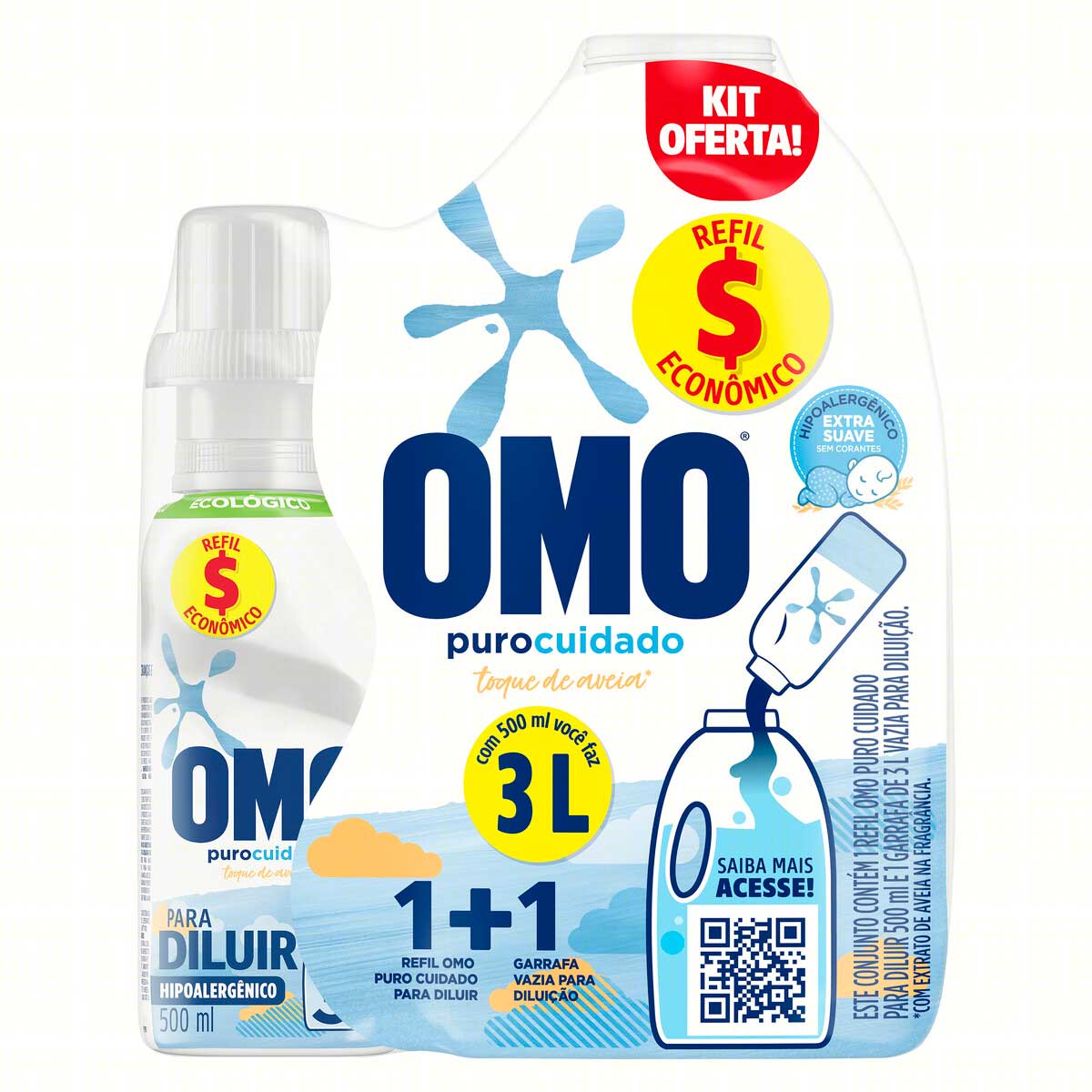 Kit Garrafa + Lava Roupas Líquido para Diluir Omo Puro Cuidado 500 ml