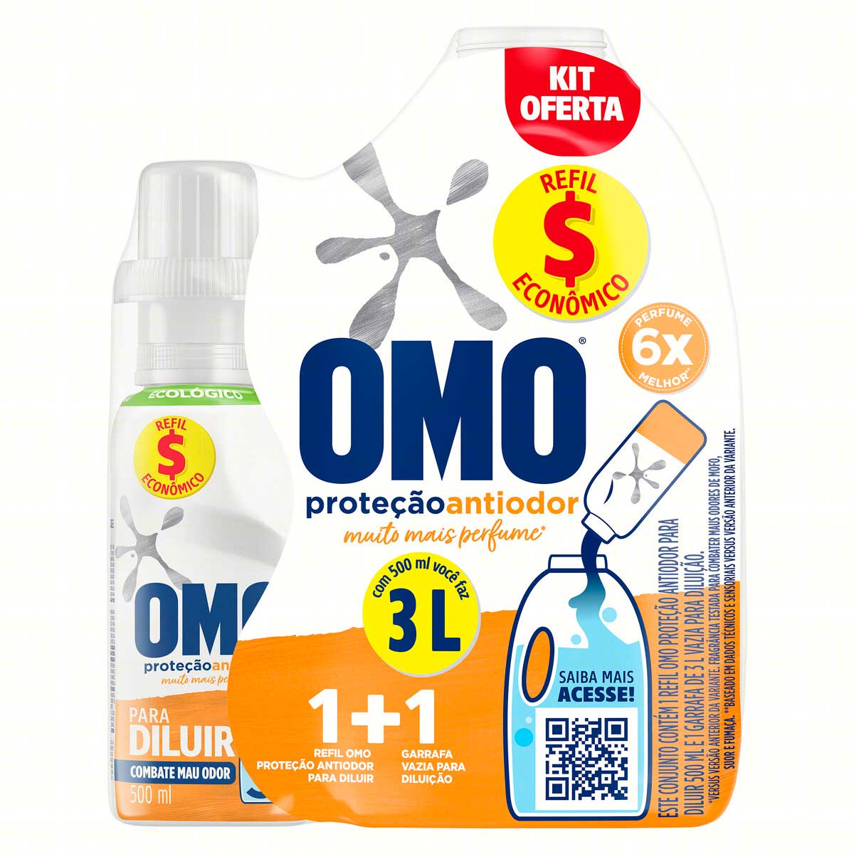 Kit Garrafa + Lava Roupas Líquido para Diluir Omo Proteção Antiodor 500 ml