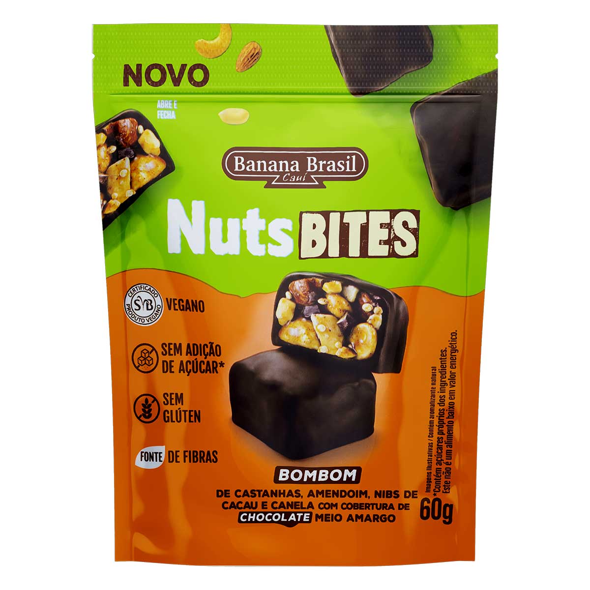 Bombom Castanhas, Amendoim Nibs de Cacau e Canela Banana Brasil Nuts Bites Pouch 60 g