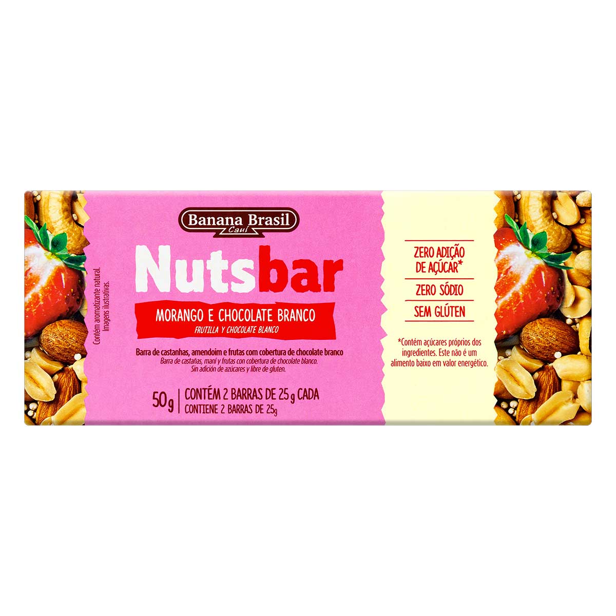 Pack Barra de Nuts Morango Cobertura Chocolate Branco Zero Sódio Nutsbar Caixa 50 g 2 Unidades