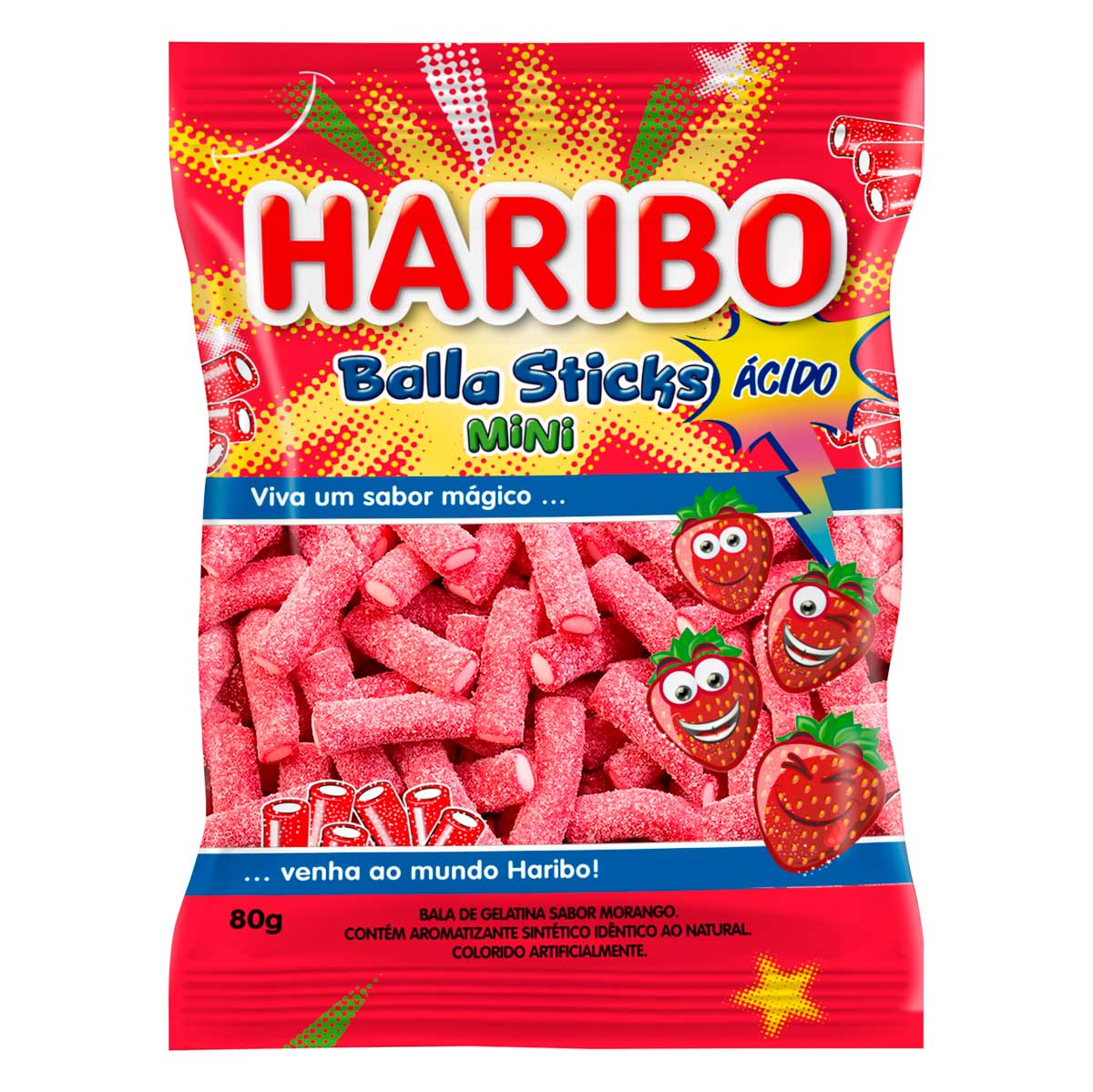 Bala de Gelat Haribo Morango Ácido Sticks 80 g