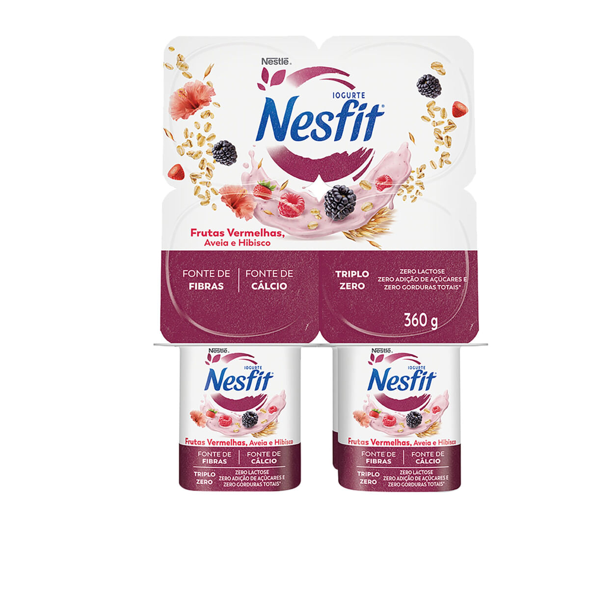 Iogurte Frutas Vermelhas, Aveia e Hibisco Zero Lactose Nesfit Bandeja 360 g 4 Unidades