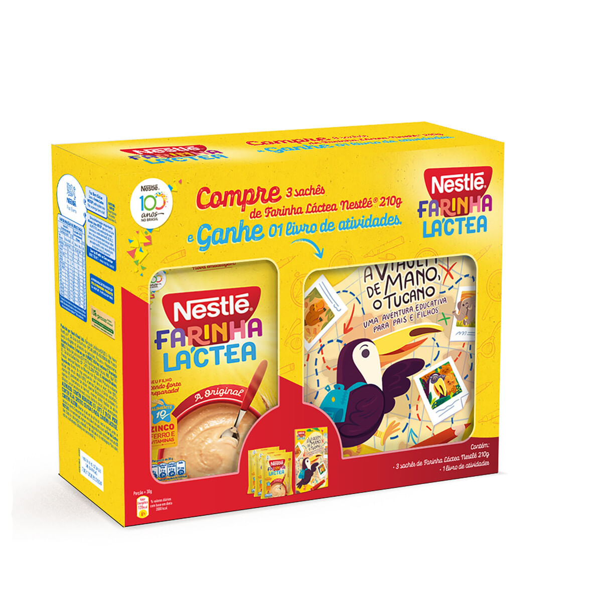 Kit 3 Farinhas Lácteas Original Nestlé 210 g Cada Grátis 1 Livro de Atividades A Viagem de Mano, O Tucano