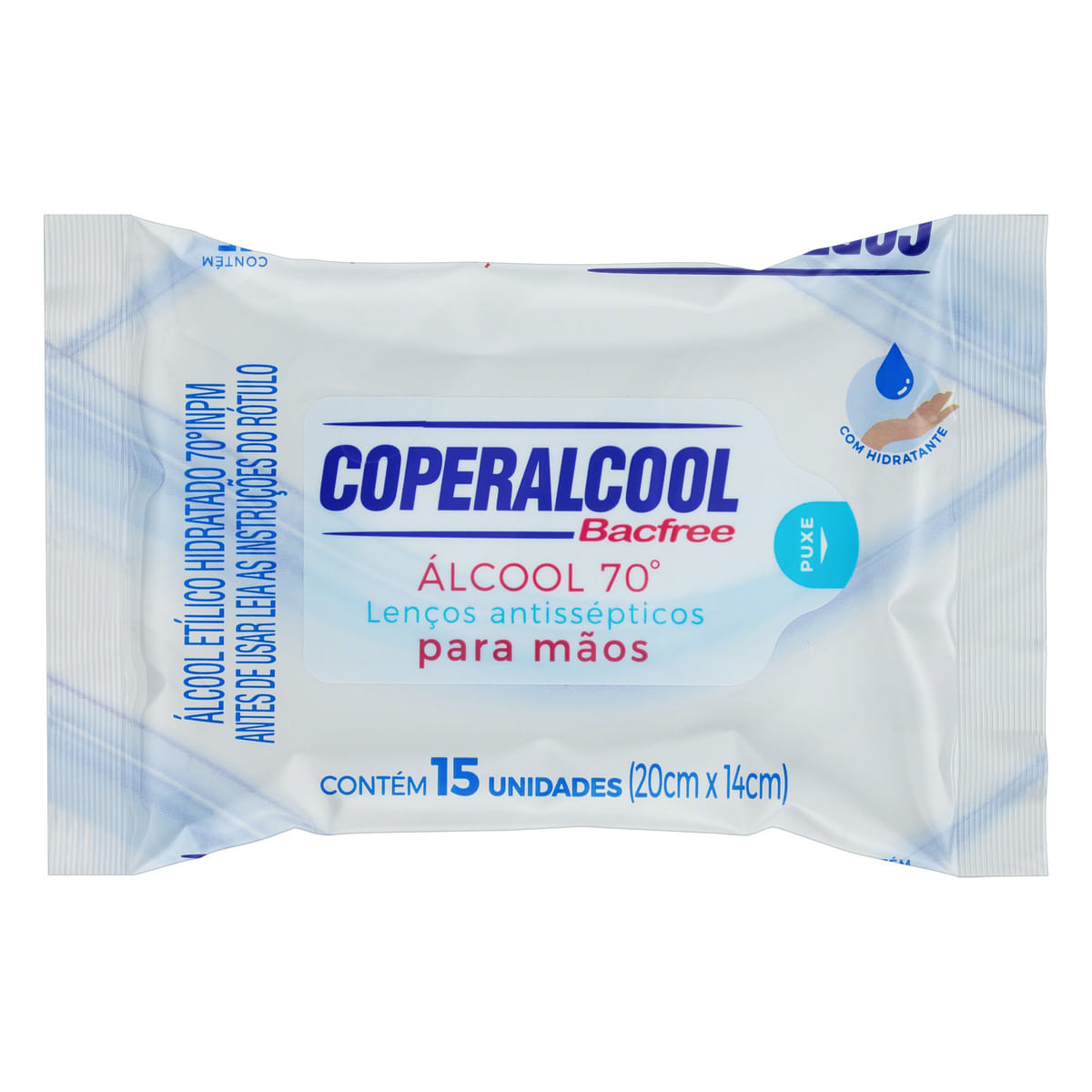 Lenço Umedecido Antisséptico Álcool 70° INPM para Mãos Coperalcool Bacfree Pacote 15 Unidades