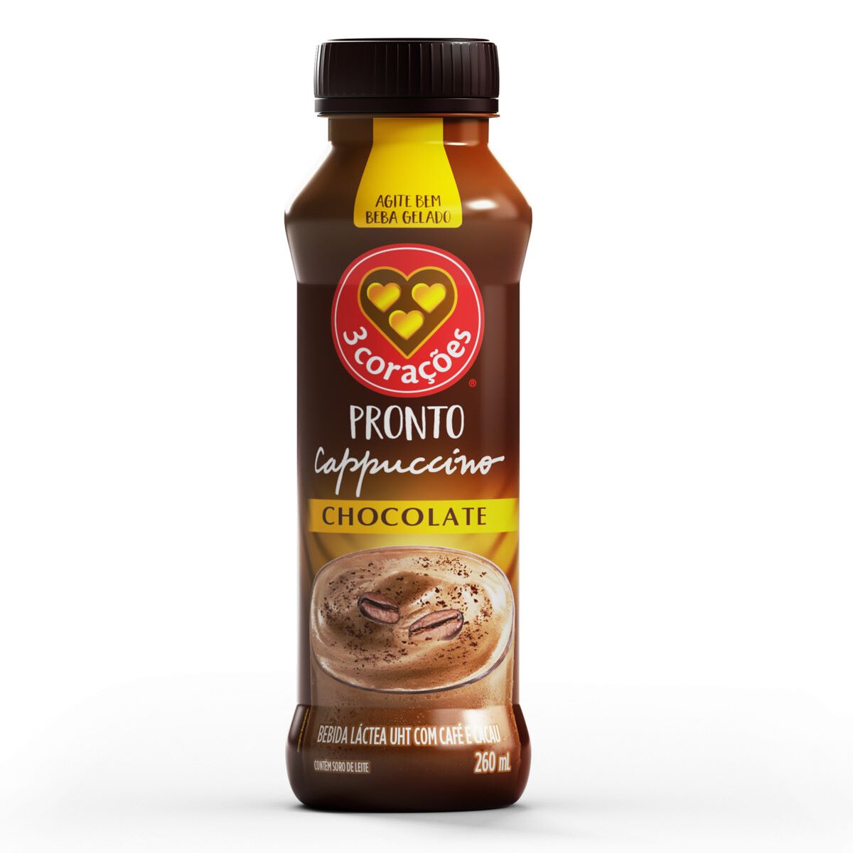 Bebida Láctea UHT Cappuccino Chocolate Pronto com Café e Cacau 3 Corações Frasco 260 ml