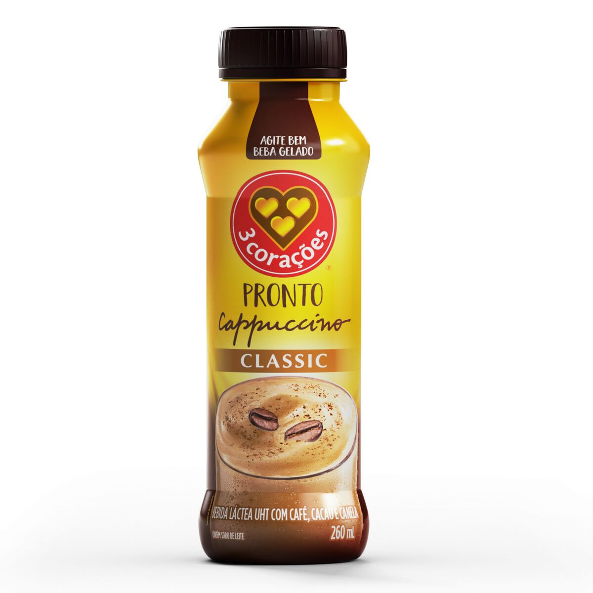 Bebida Láctea UHT Cappuccino Classic Pronto com Café, Cacau e Canela 3 Corações Frasco 260 ml