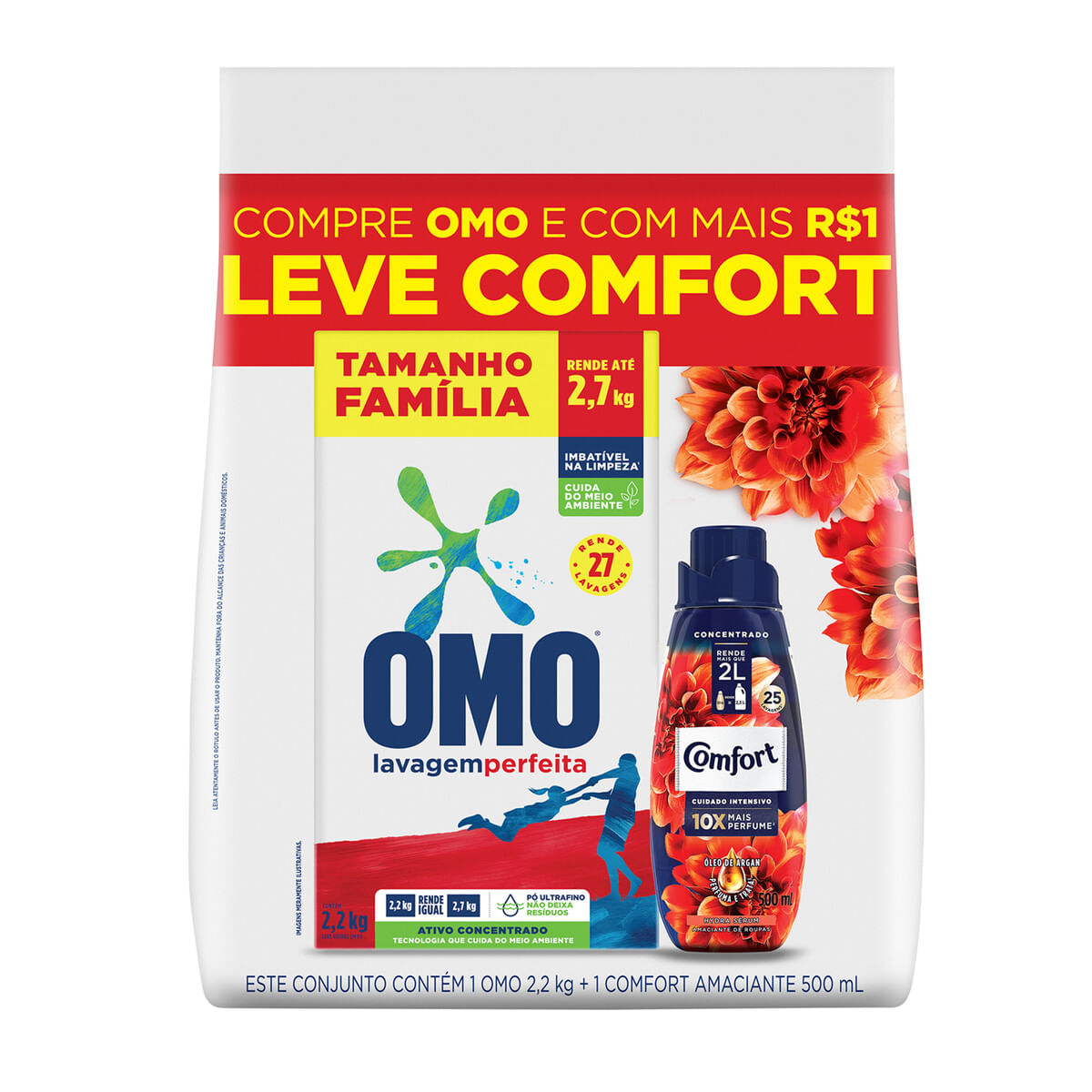 Lava-Roupas Pó Omo Lavagem Perfeita 2,2 kg + Amaciante Concentrado Hydra Sérum Comfort 500 ml