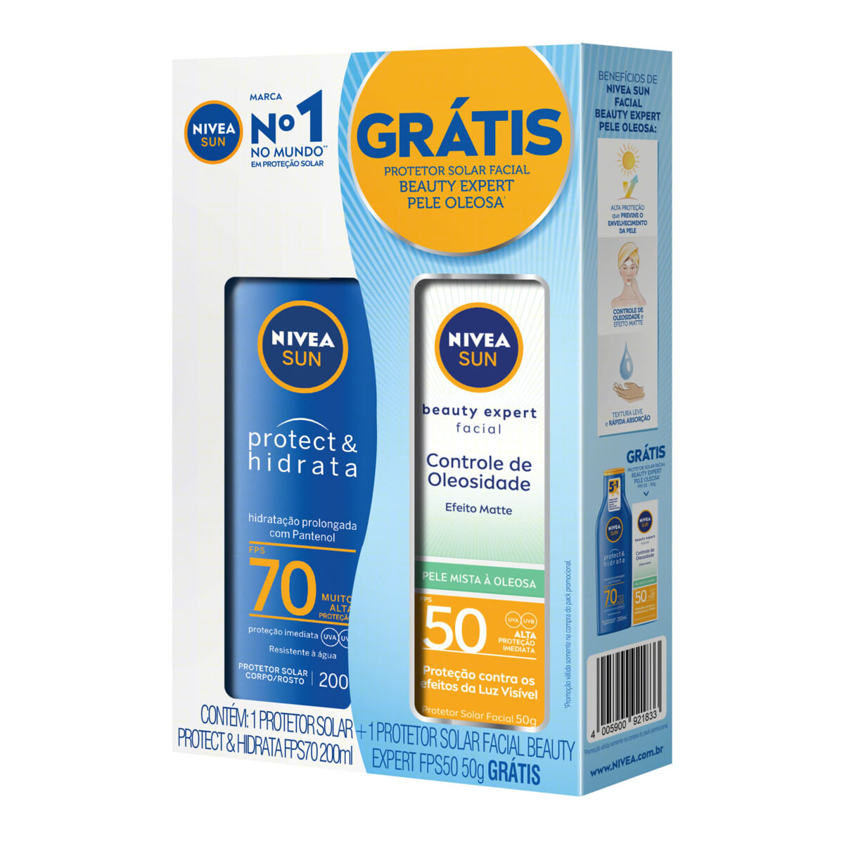 Kit Protetor Solar FPS 70 Protect &amp; Hidrata Nivea Sun 200ml Grátis Protetor Solar Facial Beauty Expert FPS 50 50 g