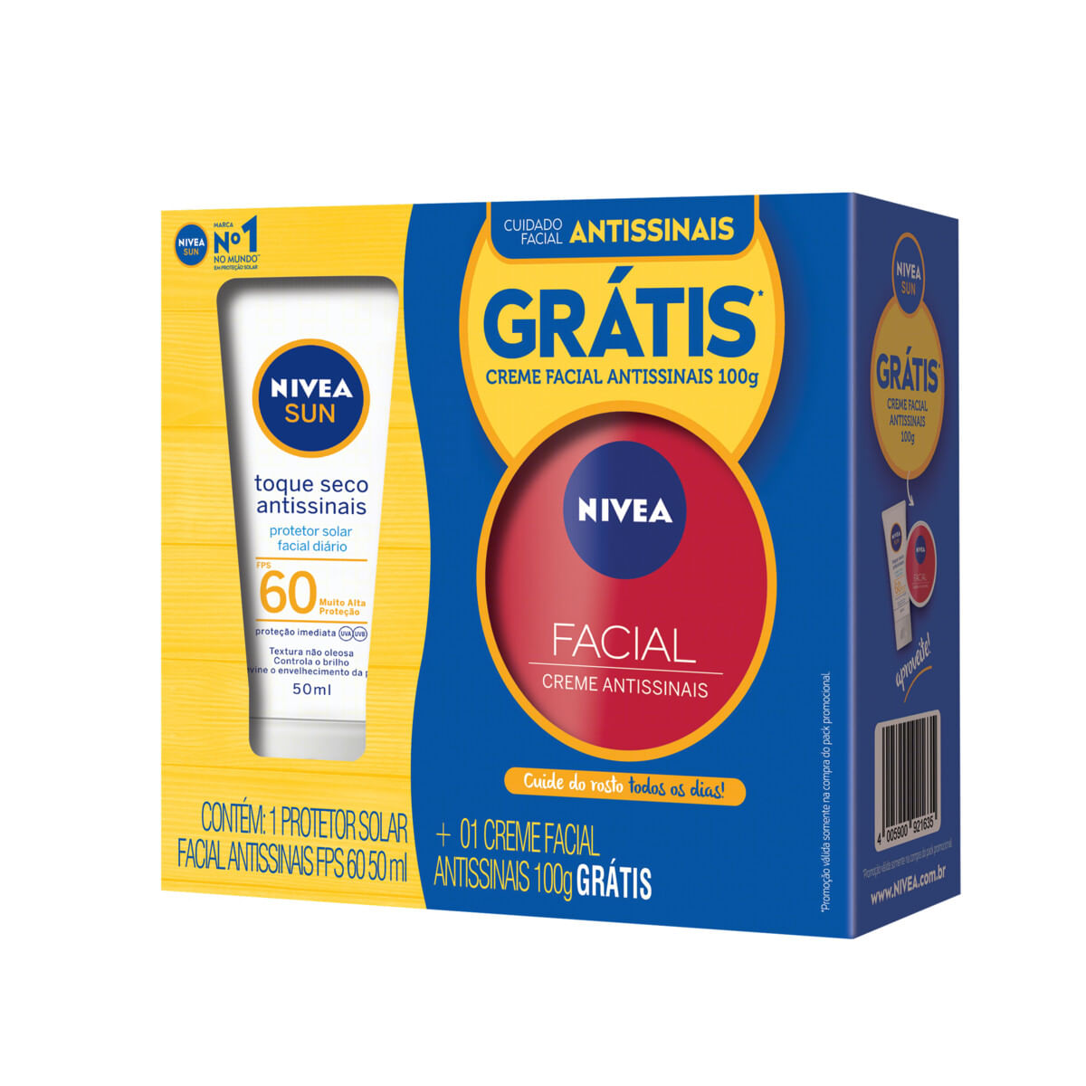 Kit Protetor Solar Facial FPS 60 Toque Seco Antissinais Nivea Sun 50 ml Grátis Creme Facial Antissinais 100 g