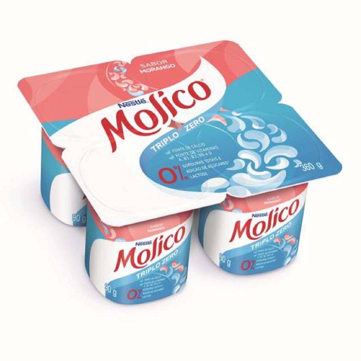 Iogurte Molico Morango Triplo Zero Lactose sem Adição de Açúcar Bandeja 360 g 4 Unidades de 90 g Cada