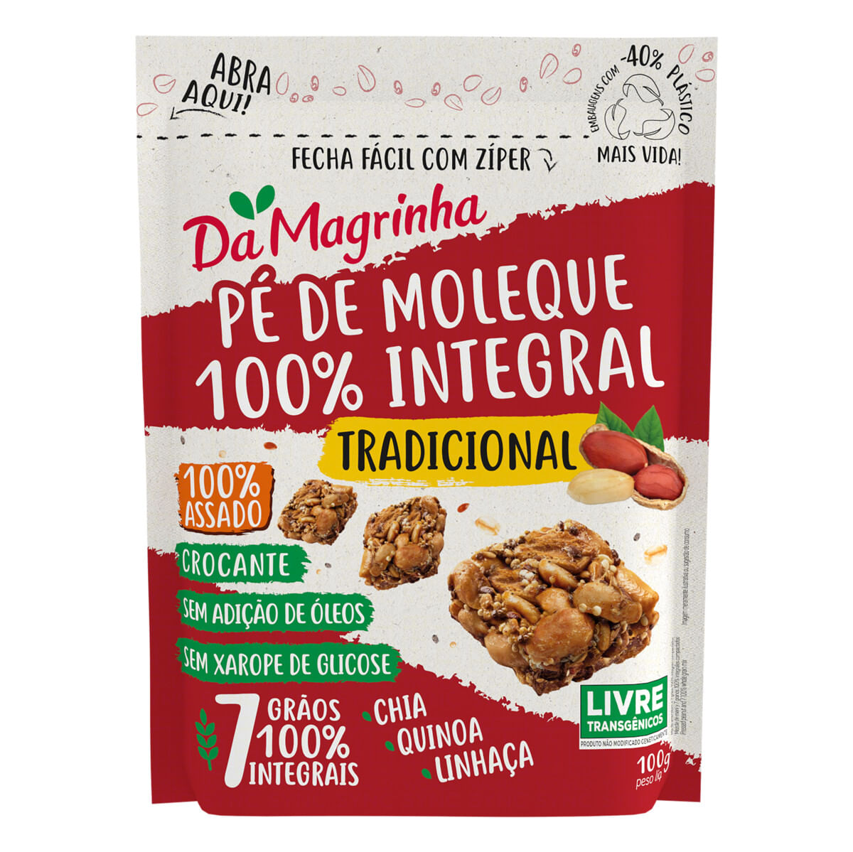 Pé de Moleque Da Magrinha 100% Assado 7 Grãos 100% Integral Crocante Tradicional Pouch 100 g