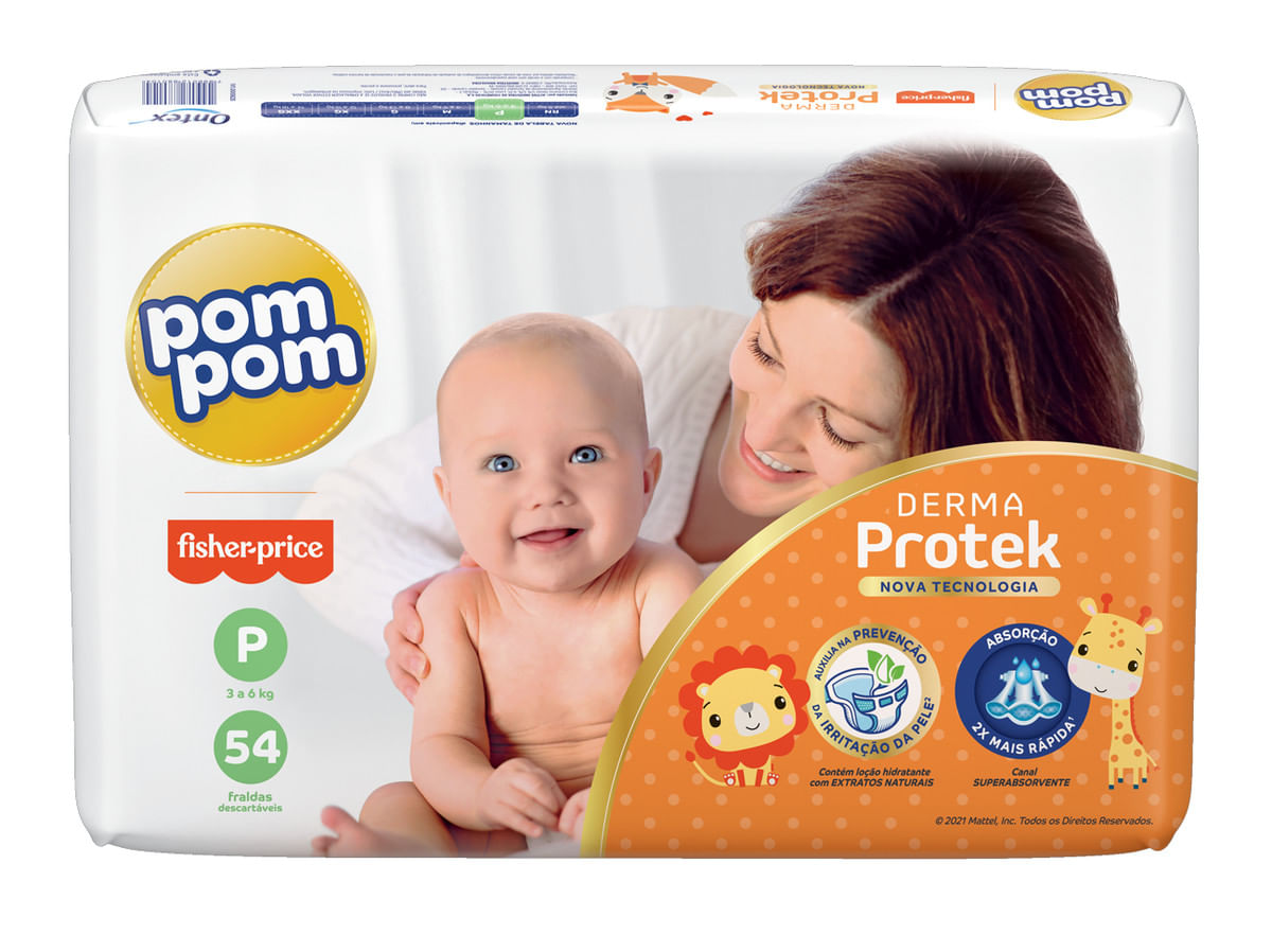 Fralda Descartável Infantil Pom Pom P Derma Protek 54 Unidades