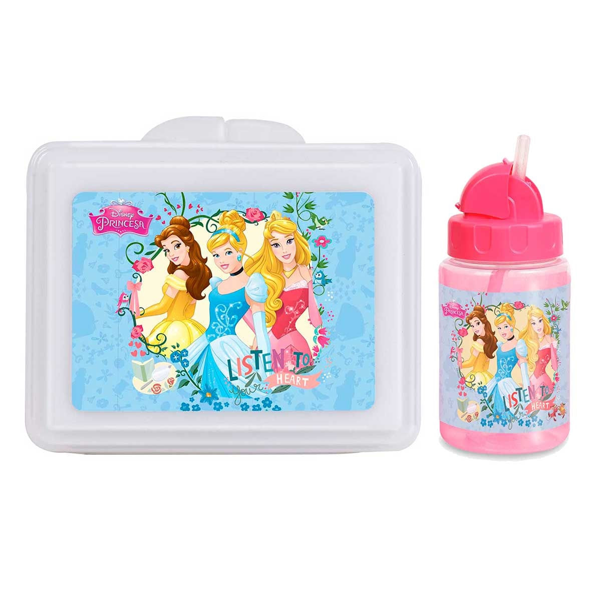 Kit Hora Do Lanche -Porta Lanches + Copo C/ Canudo Retratil 340ml Princesa