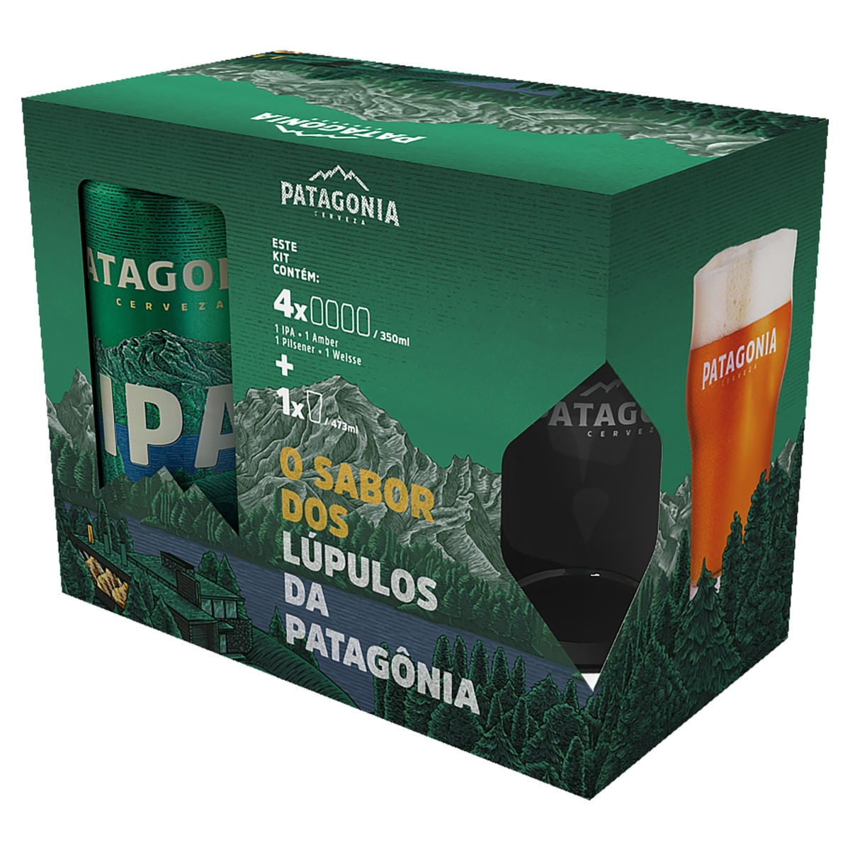 Kit Cerveja Patagonia IPA + Amber + Pilsener + Weisse 350ml Cada com Copo 473ml