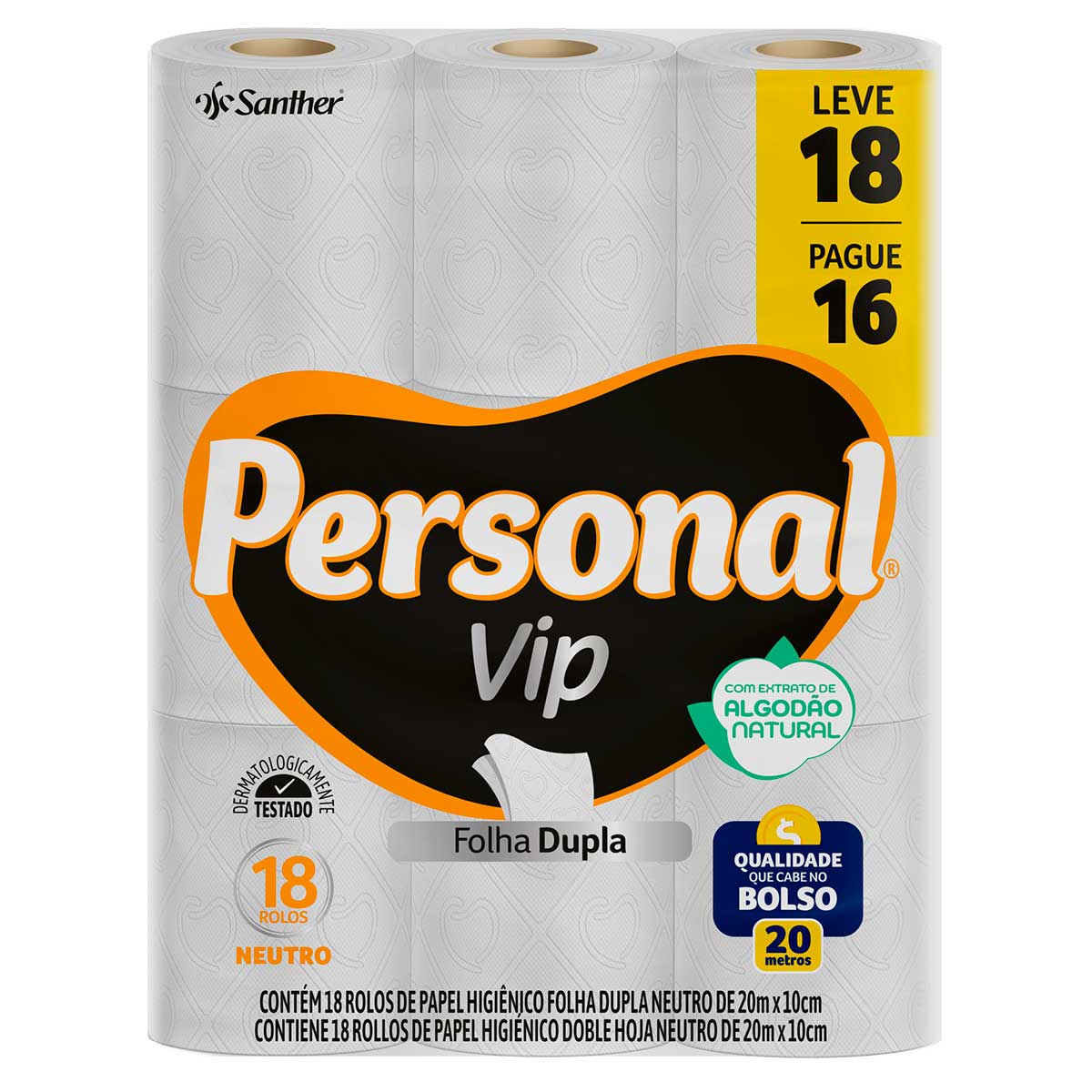 Papel Higiênico Folha Dupla Neutro Personal Vip 20m Leve 18 Pague 16 Unidades