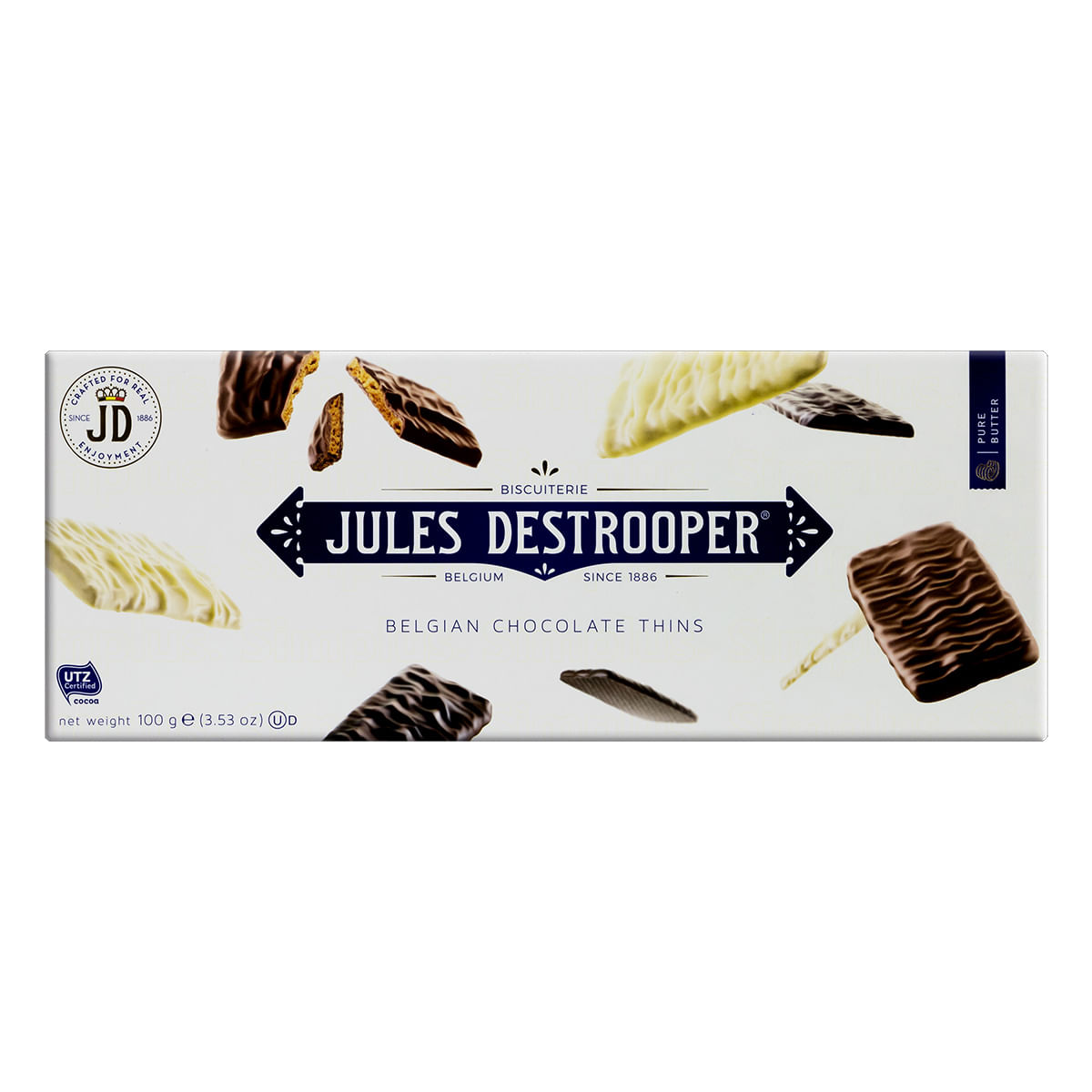 Biscoito Cobertura Chocolate ao Leite, Amargo e Branco Jules Destrooper Caixa 100 g