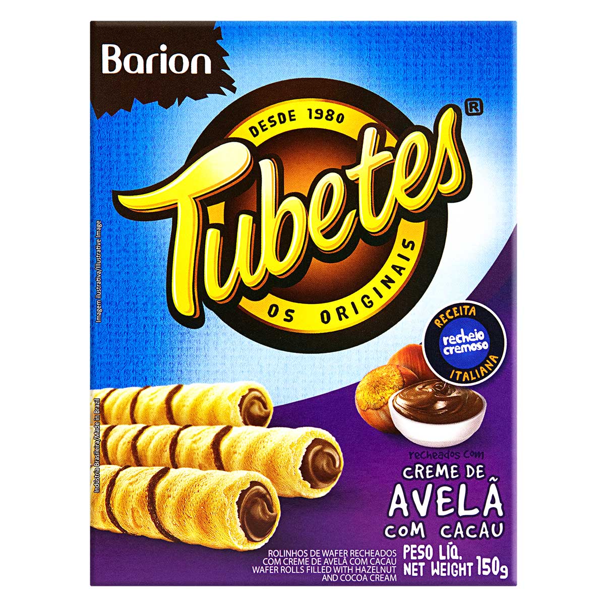 Rolinhos de Wafer Recheio Creme de Avelã com Cacau Barion Tubetes Caixa 150 g