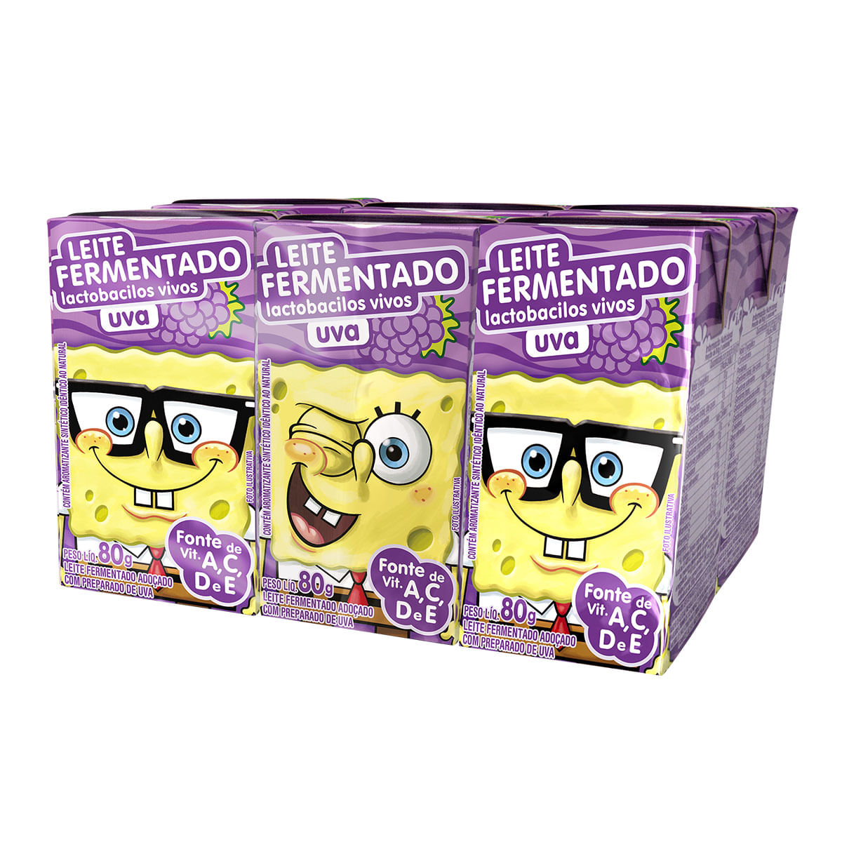 Leite Fermentado Desnatado Elegê Bob Esponja Sabor Uva 80g com 6 unidades