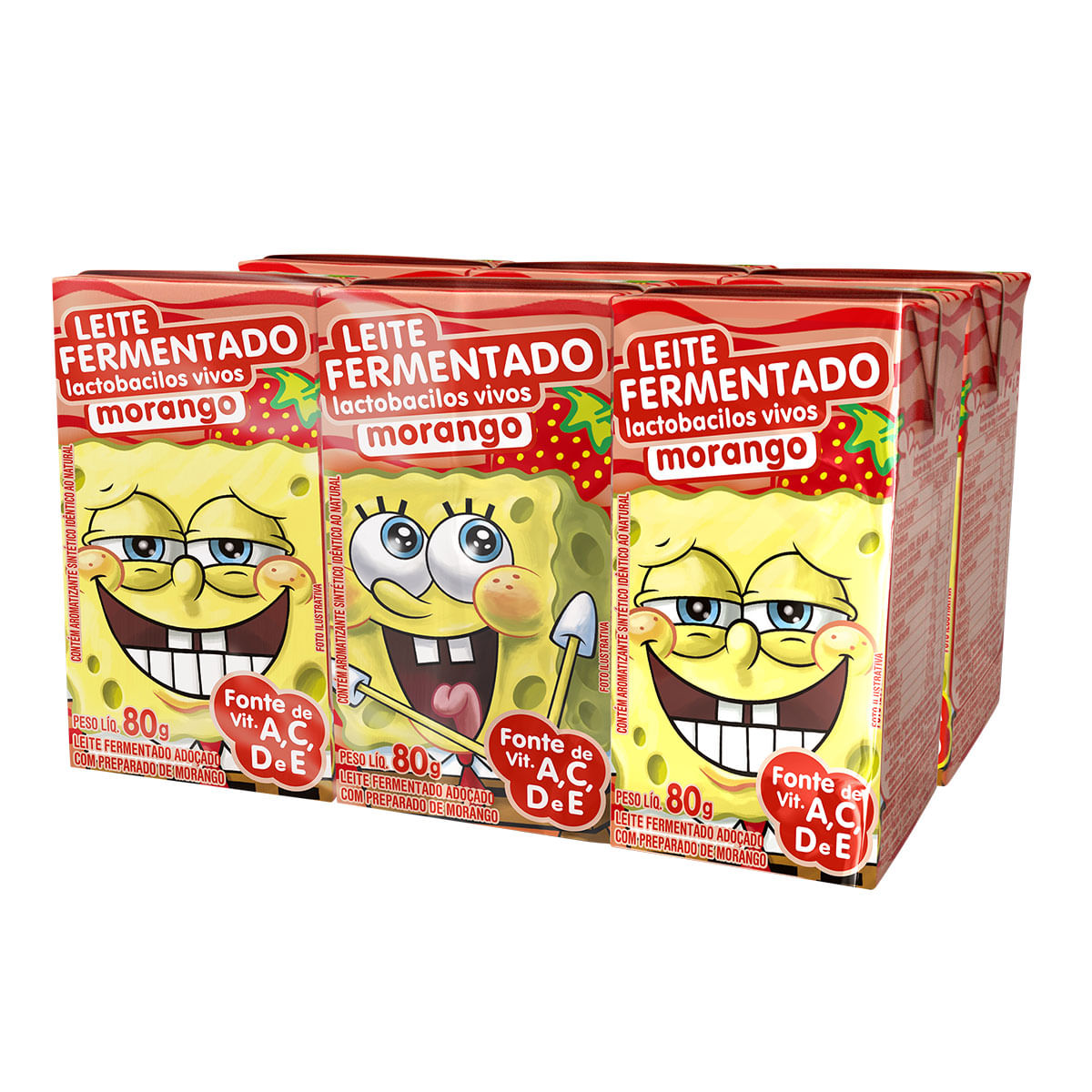 Leite Fermentado Desnatado Elegê Bob Esponja Morango 80g com 6 Unidades