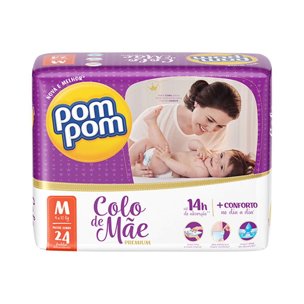 Fralda Pom Pom M Colo de Mãe Jumbo com 24 unidades