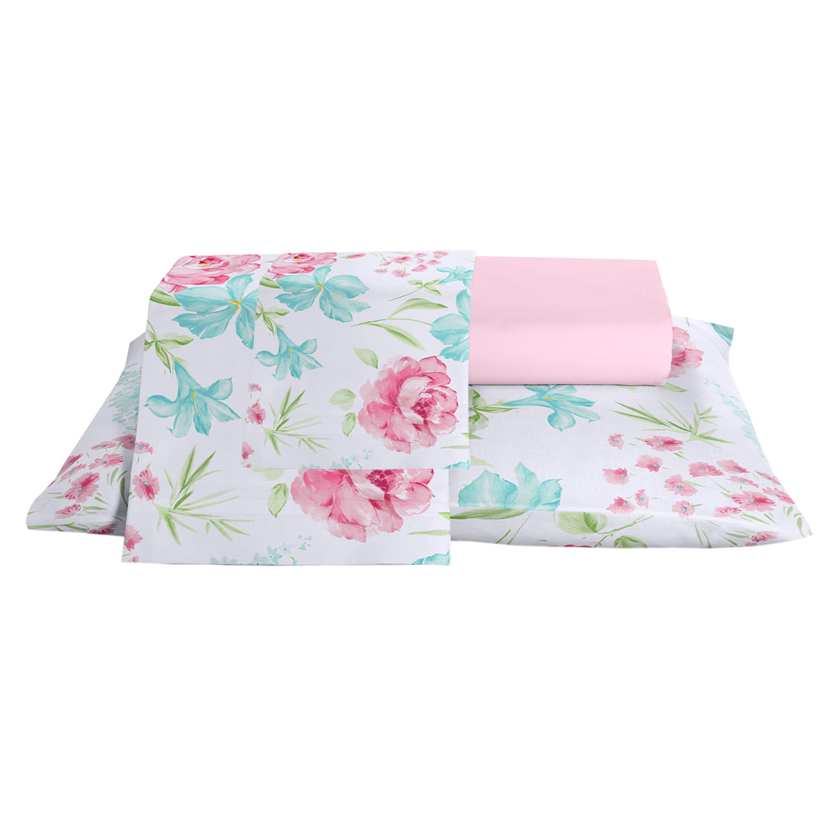 Jogo de Cama Queen Size 150 Fios Santista Prata Esther - 4 Peças Floral Branco e Rosa