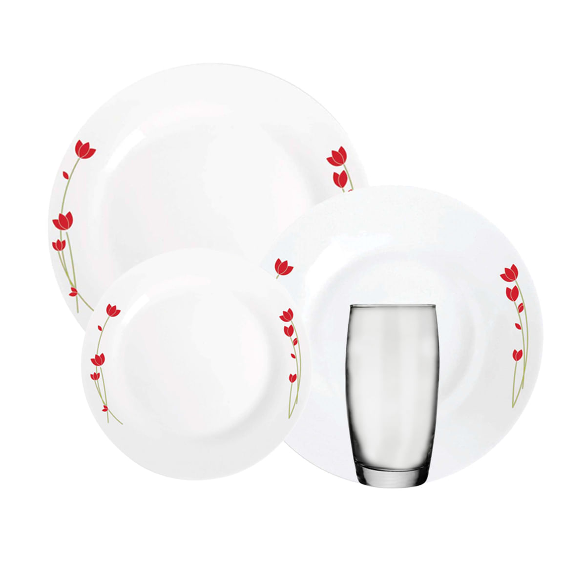 Aparelho de Jantar 16 Peças em Vidro Duralex Opaline Tulipa Floral Branco e Vermelho