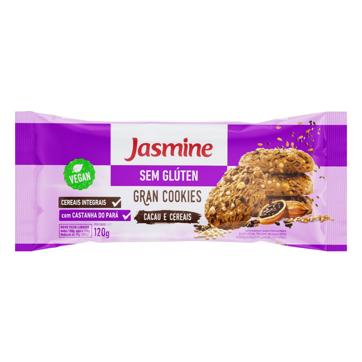 Biscoito Cookie Integral Cacau e Cereais sem Glúten Jasmine Gran Cookies Pacote 120 g