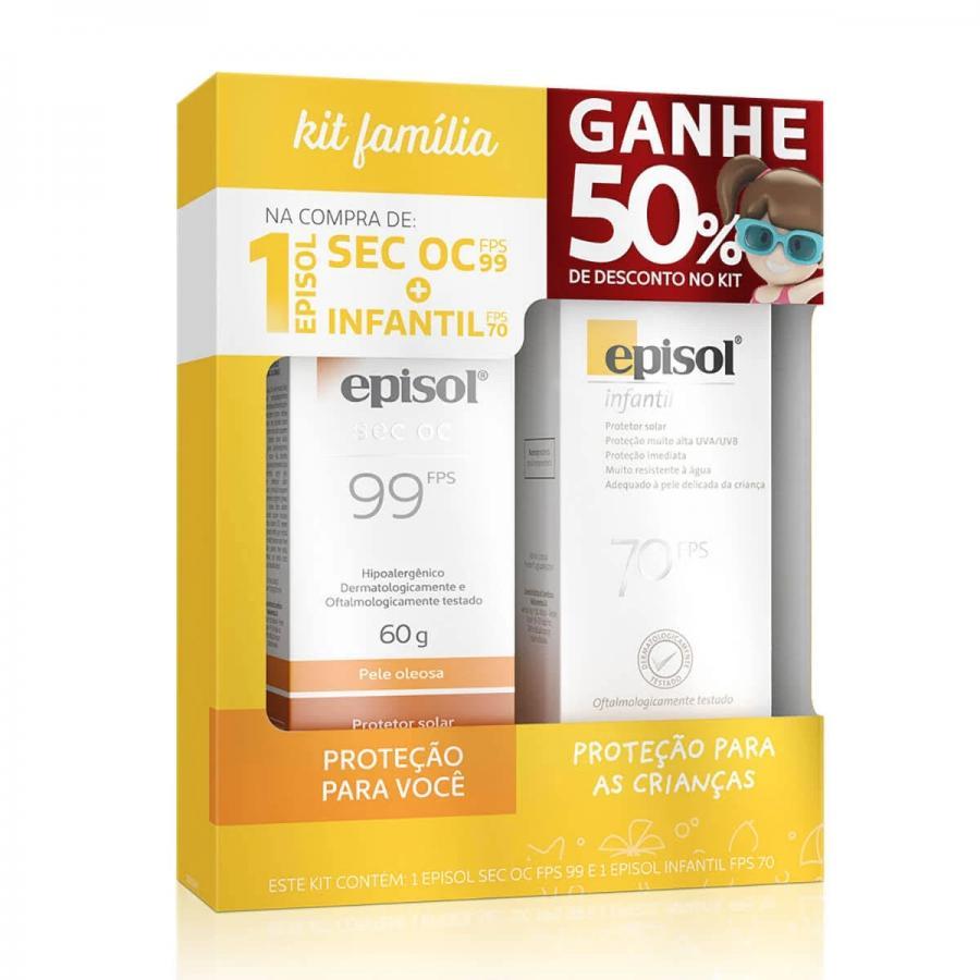 Kit Família Protetor Solar Episol com Protetor Facial Sec OC FPS 99 com 60 g + Protetor Infantil FPS 70 com 100 g