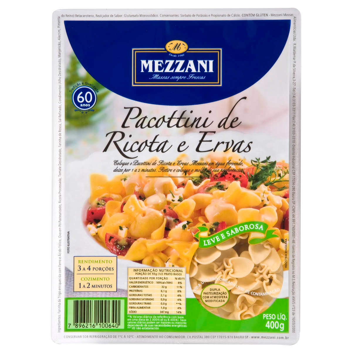 Pacottini Fresca Mezzani Massa com ovos Gourmet Ricota e Ervas 400g