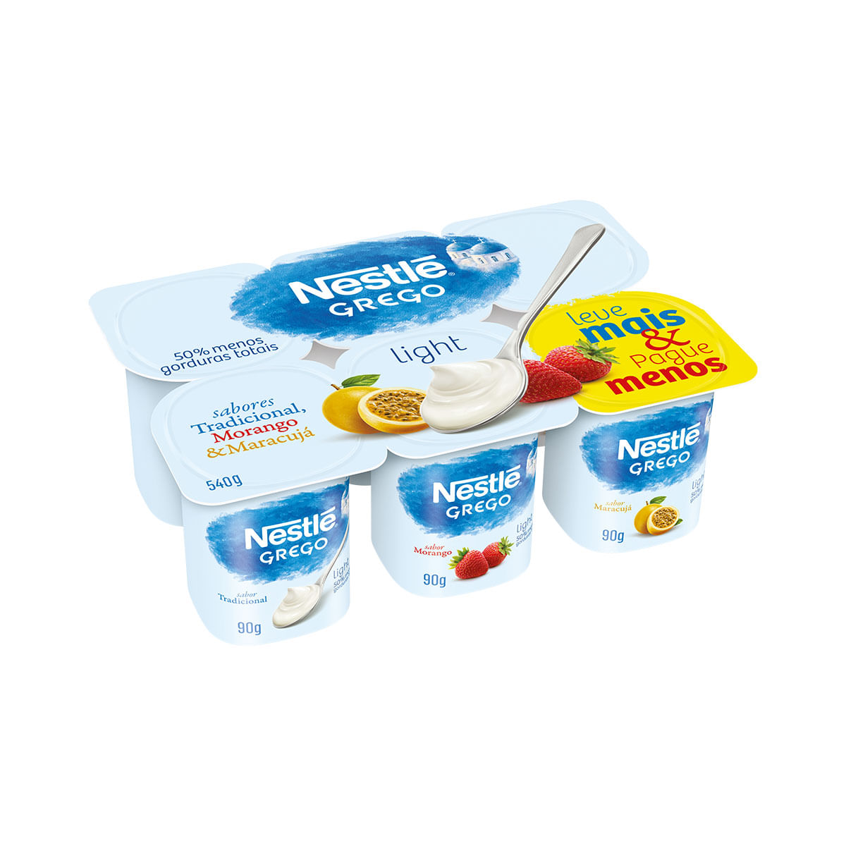 Iogurte Grego Semidesnatado Light Nestlé Tradicional, Maracujá e Morango 540g