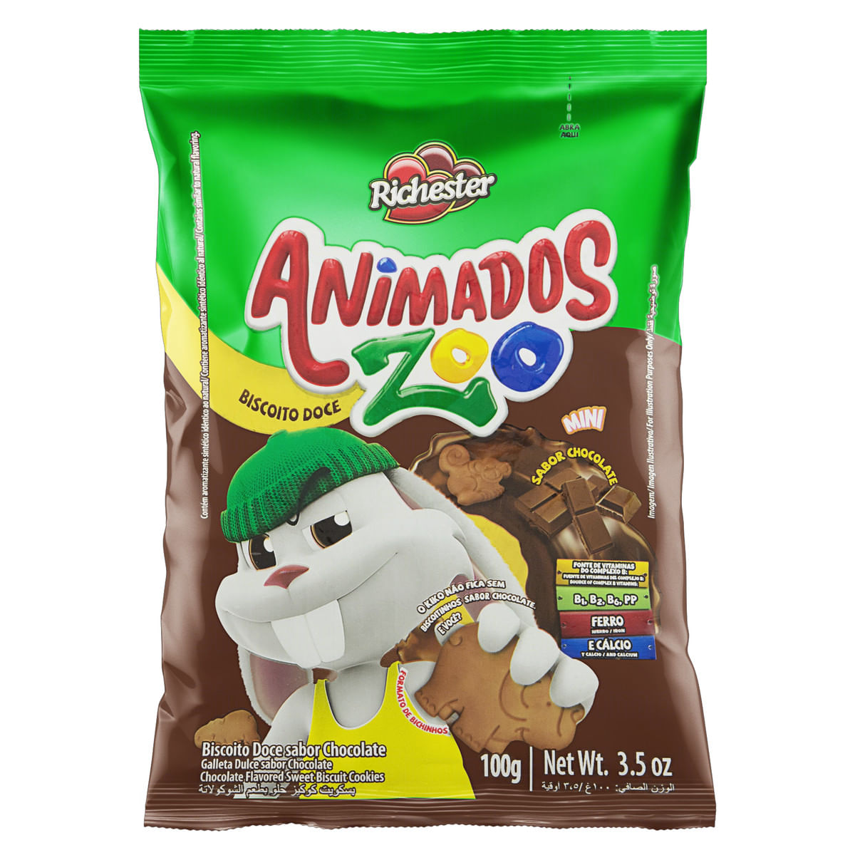 Biscoito Chocolate Richester Mini Animados Zoo 100 g