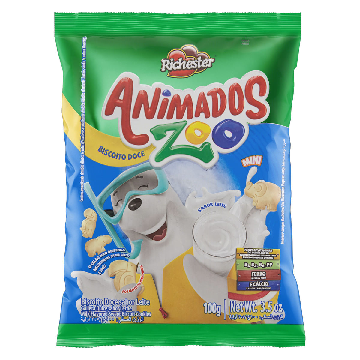 Mini Biscoito Leite Richester Animados Zoo 100 g