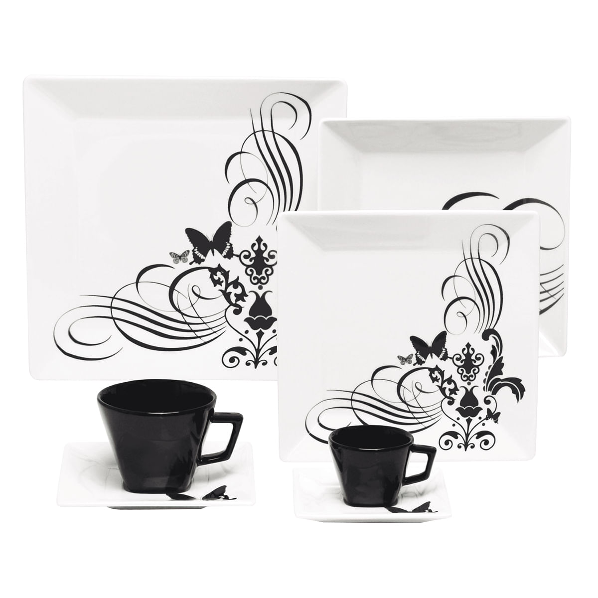 Aparelho de Jantar 42 Peças em Porcelana Oxford Quartier Tattoo GM42-2414 Branco e Preto