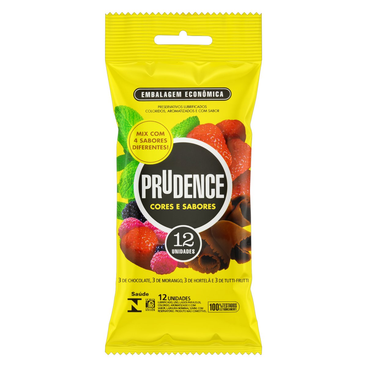 Preservativo Masculino Prudence Morango, Hortelã, Chocolate e Tutti Frutti Diversão com 12 Unidades