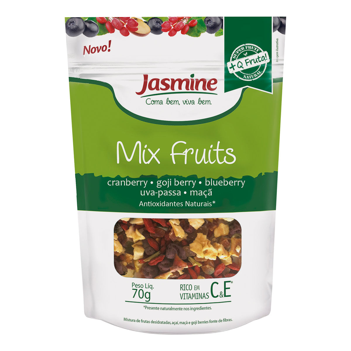 Mix de Frutas Cranberry, Goji Berry, Blueberry, Uva e Maçã Desidratadas Jasmine 70g