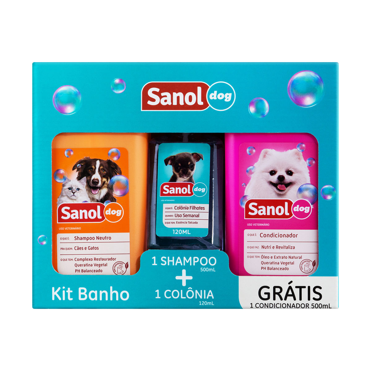 Kit Shampoo 500ml + Colônia 120ml + Condicionador 500ml Sanol Dog