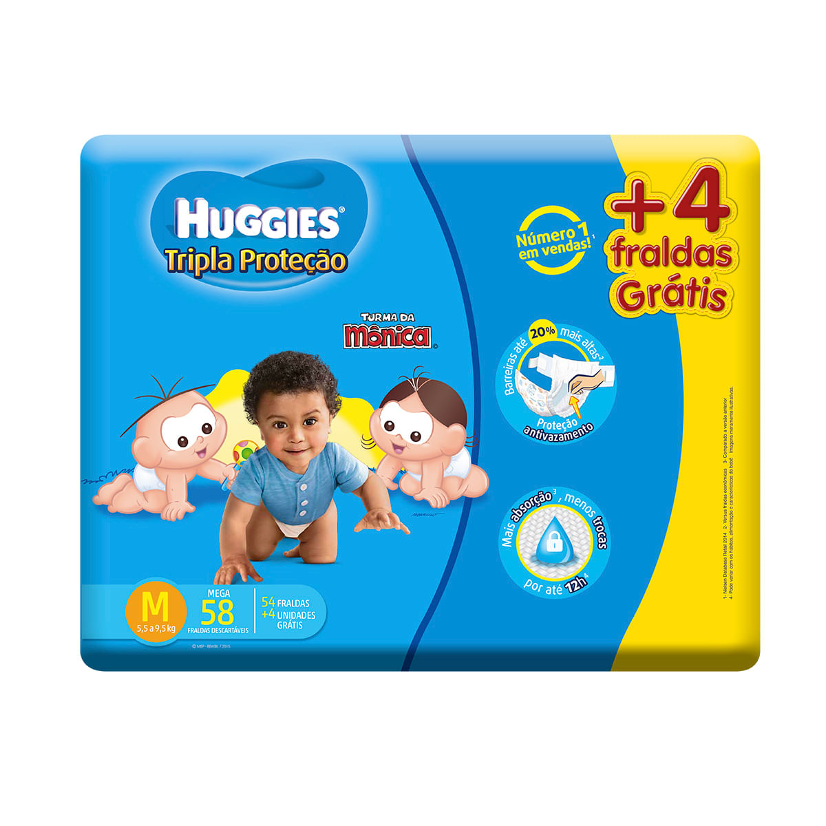 Fralda Huggies M Turma da Mônica Tripla Proteção Mega - 54 Unidades + 4 Unidades Grátis