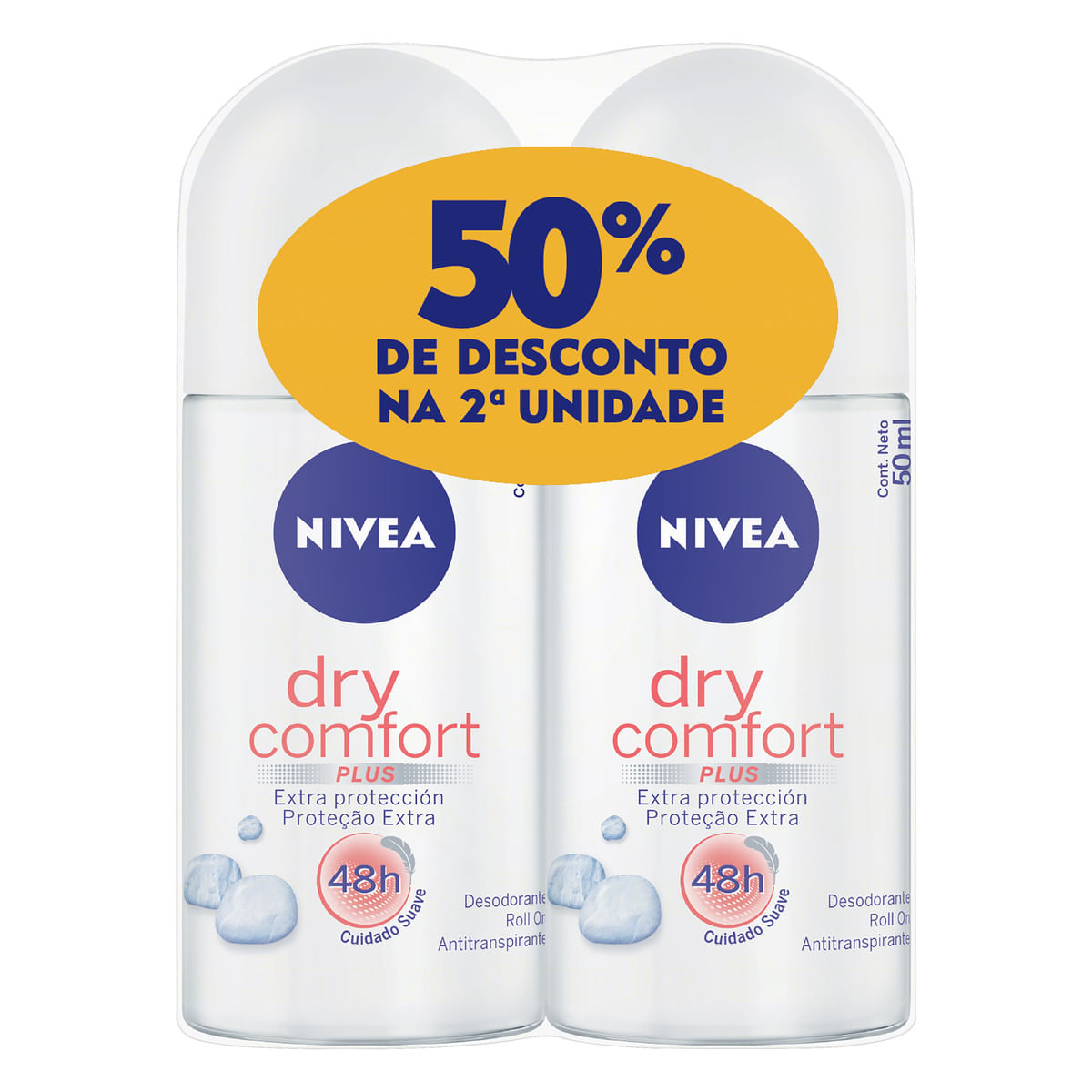 Pack Desodorante Antitranspirante Roll-On Nivea Dry Comfort Plus 2 Unidades 50 ml Cada Grátis 50% de Desconto na 2ª Unidade