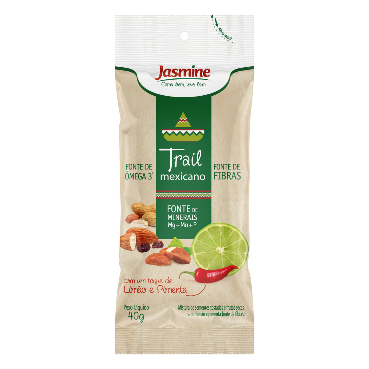 Mix de Sementes com Frutas Secas Limão e Pimenta Jasmine Trail Mexicano Pacote 40 g