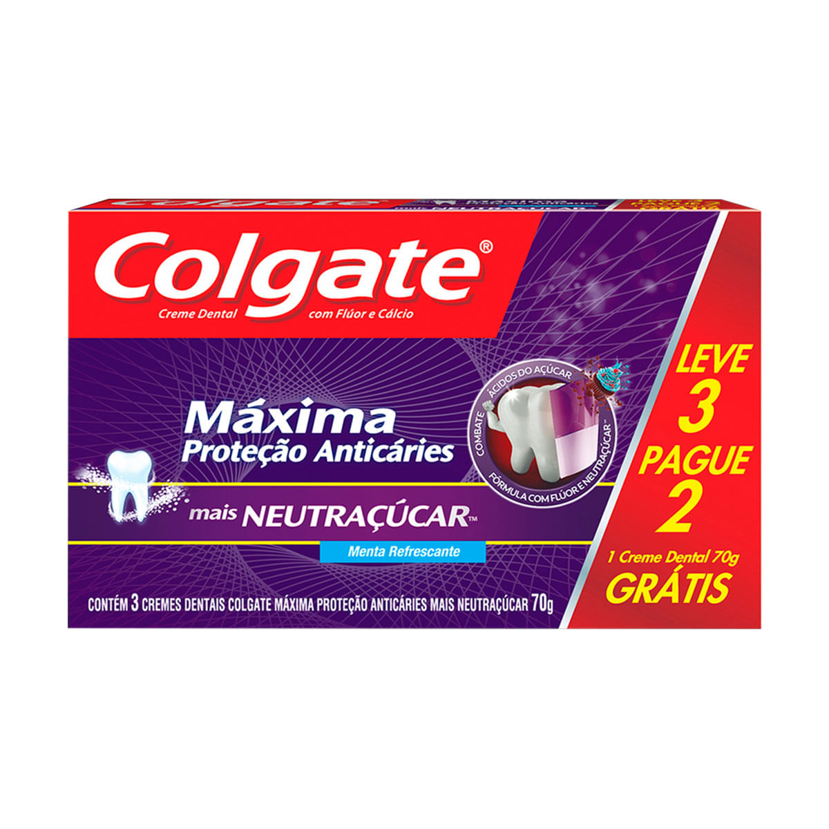 Creme Dental Colgate Máxima Proteção Anticáries mais Neutraçúcar 70g Promo Leve 3 Pague 2